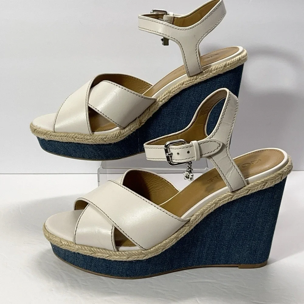 Coach Womens Eaton Chalk Ivory Leather Denim Wedge Platform Sandals Charm 9